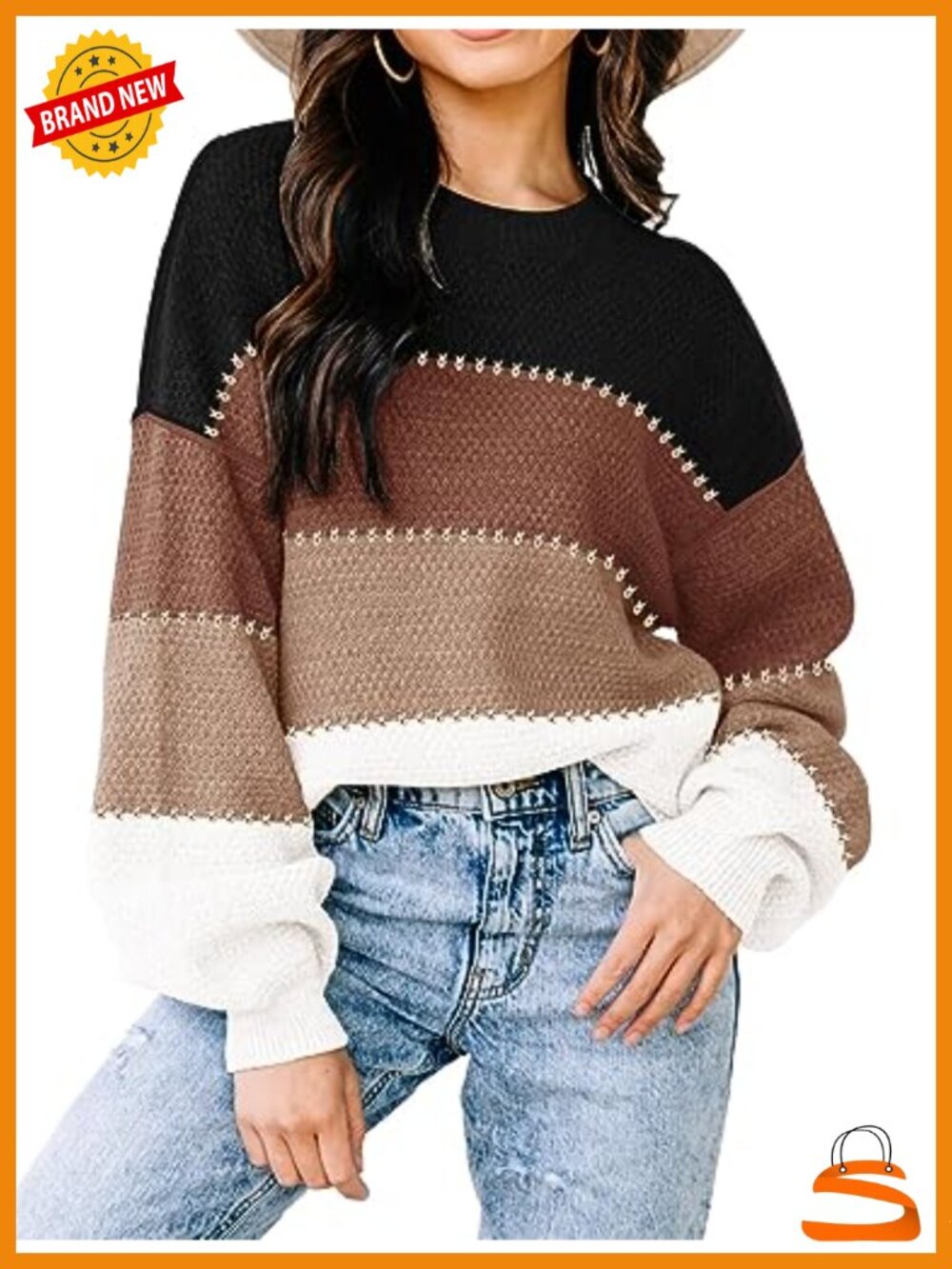 Oversized Color Block Knit Pullover Sweater Batwing Sleeve Tunic